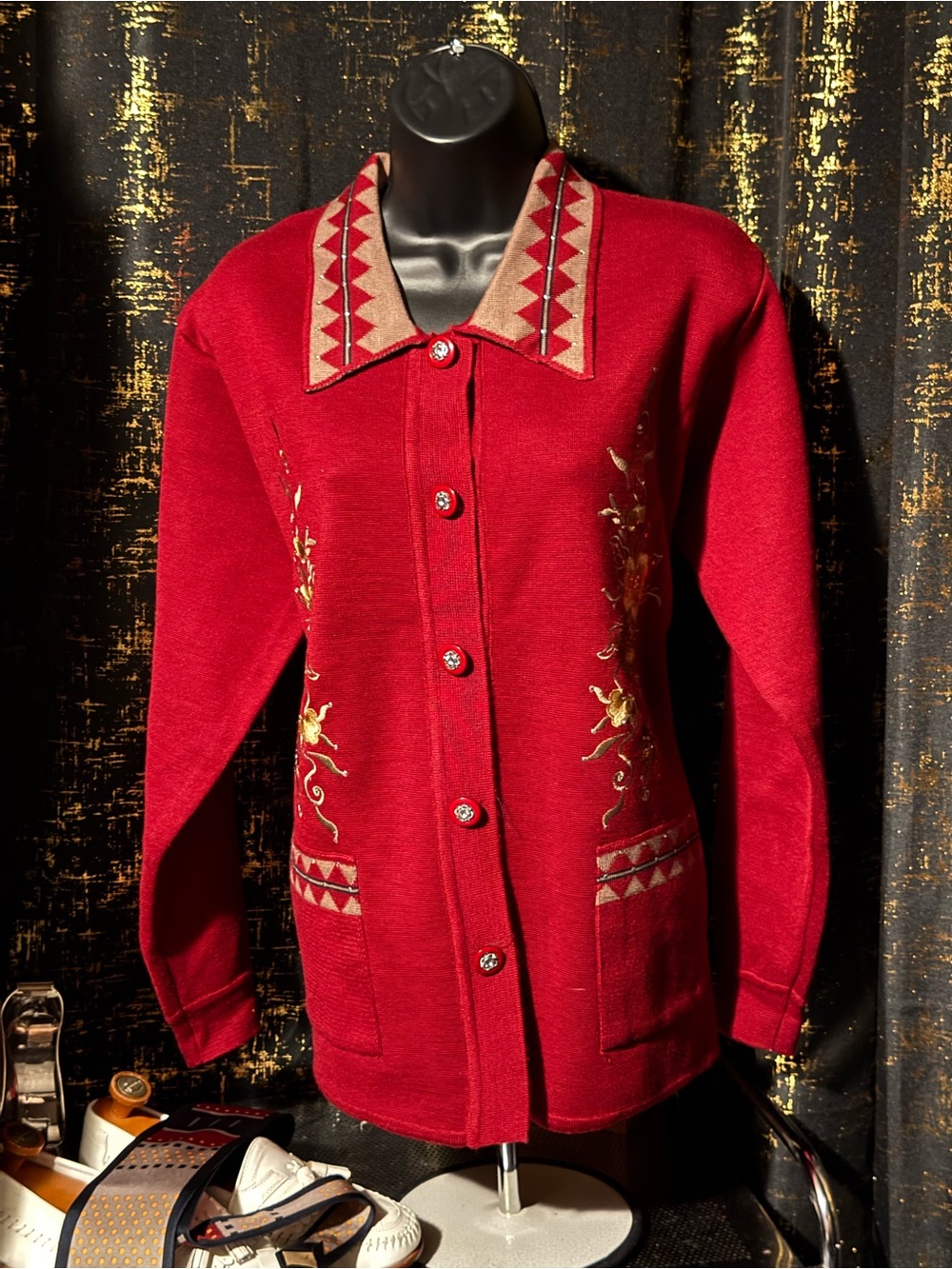 Vintage Embroidered Red Button-Front Women's Cardigan